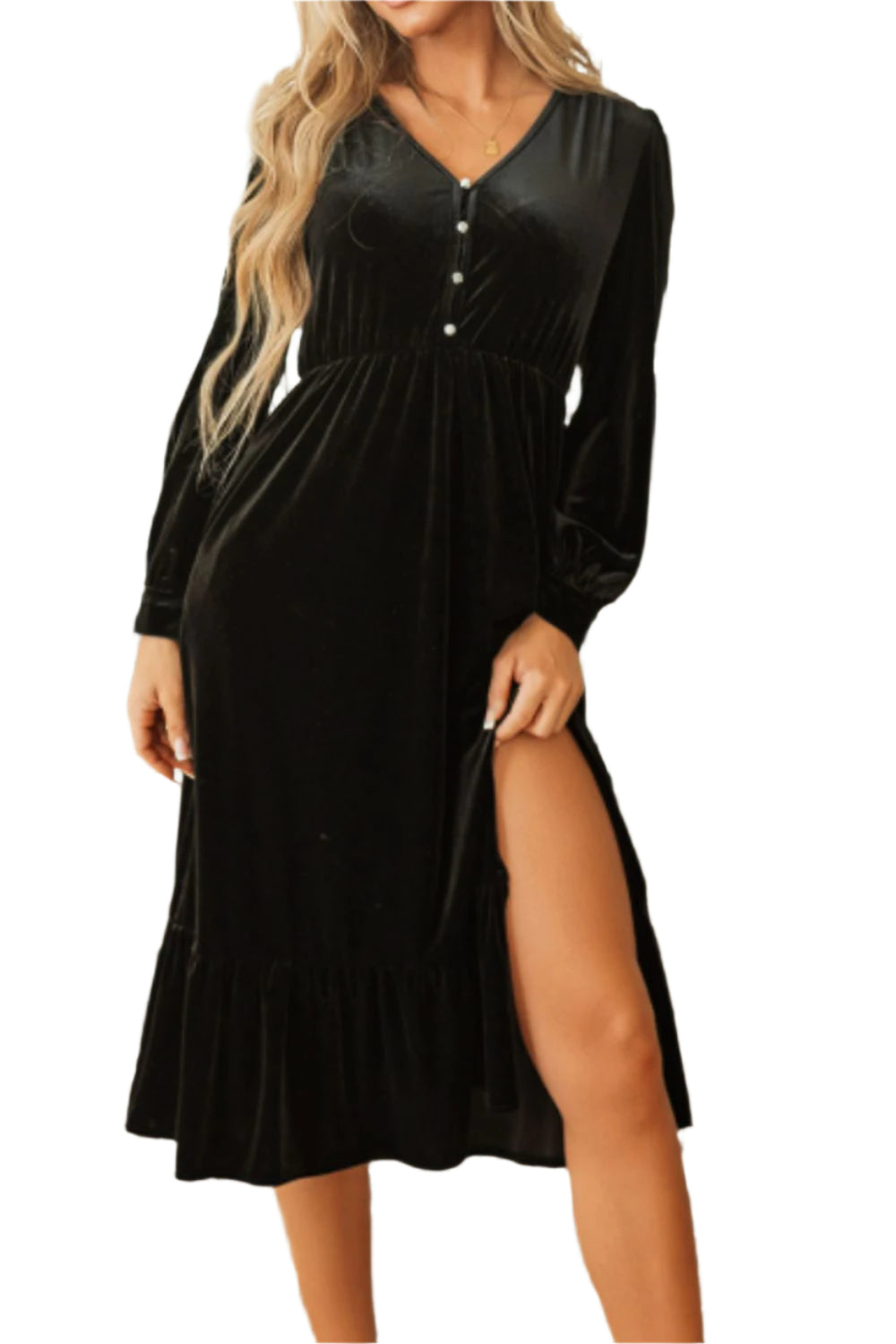 Ruffle Hem Slit V-Neck Long Sleeve Dress