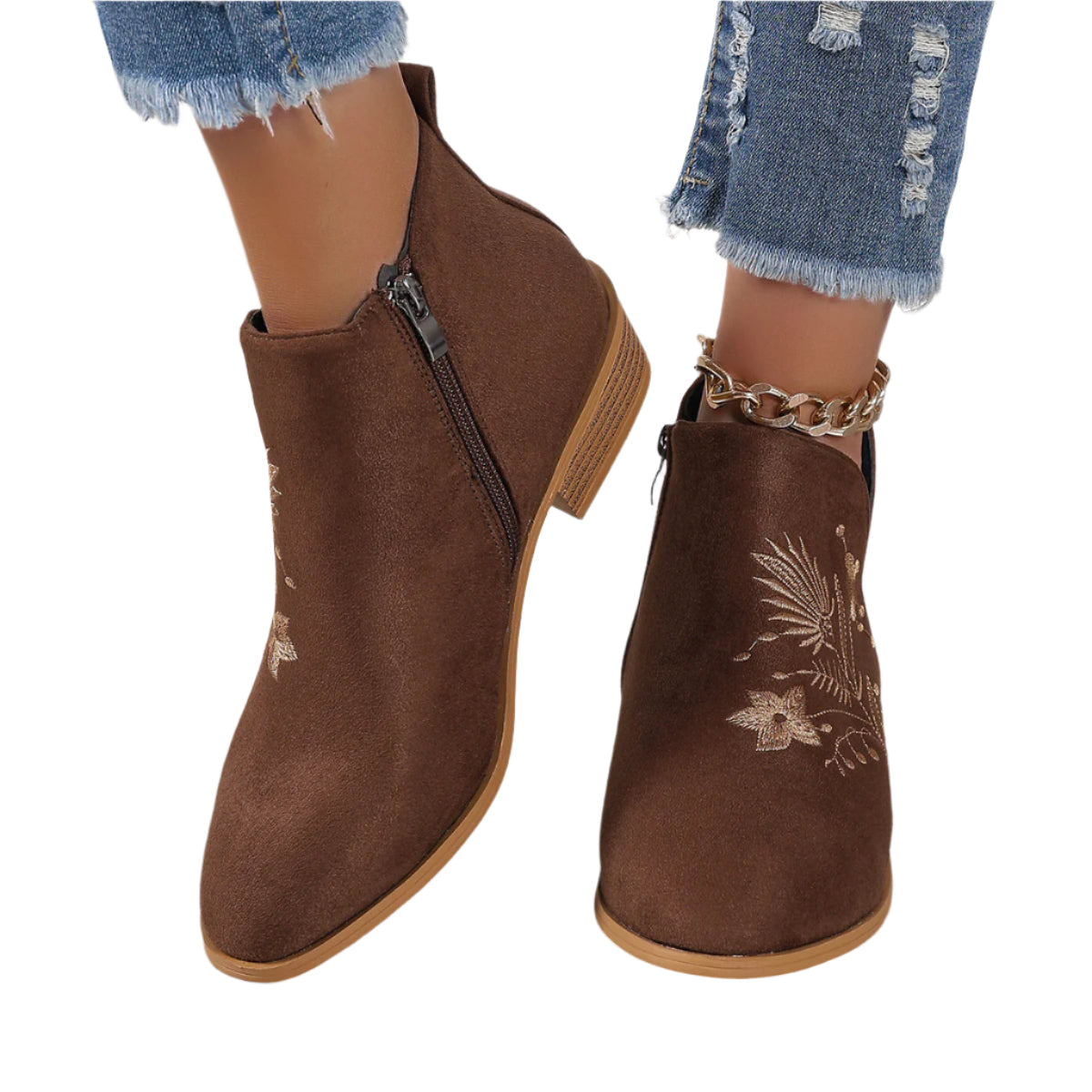 Embroidered Suede Point Toe Block Heel Boots