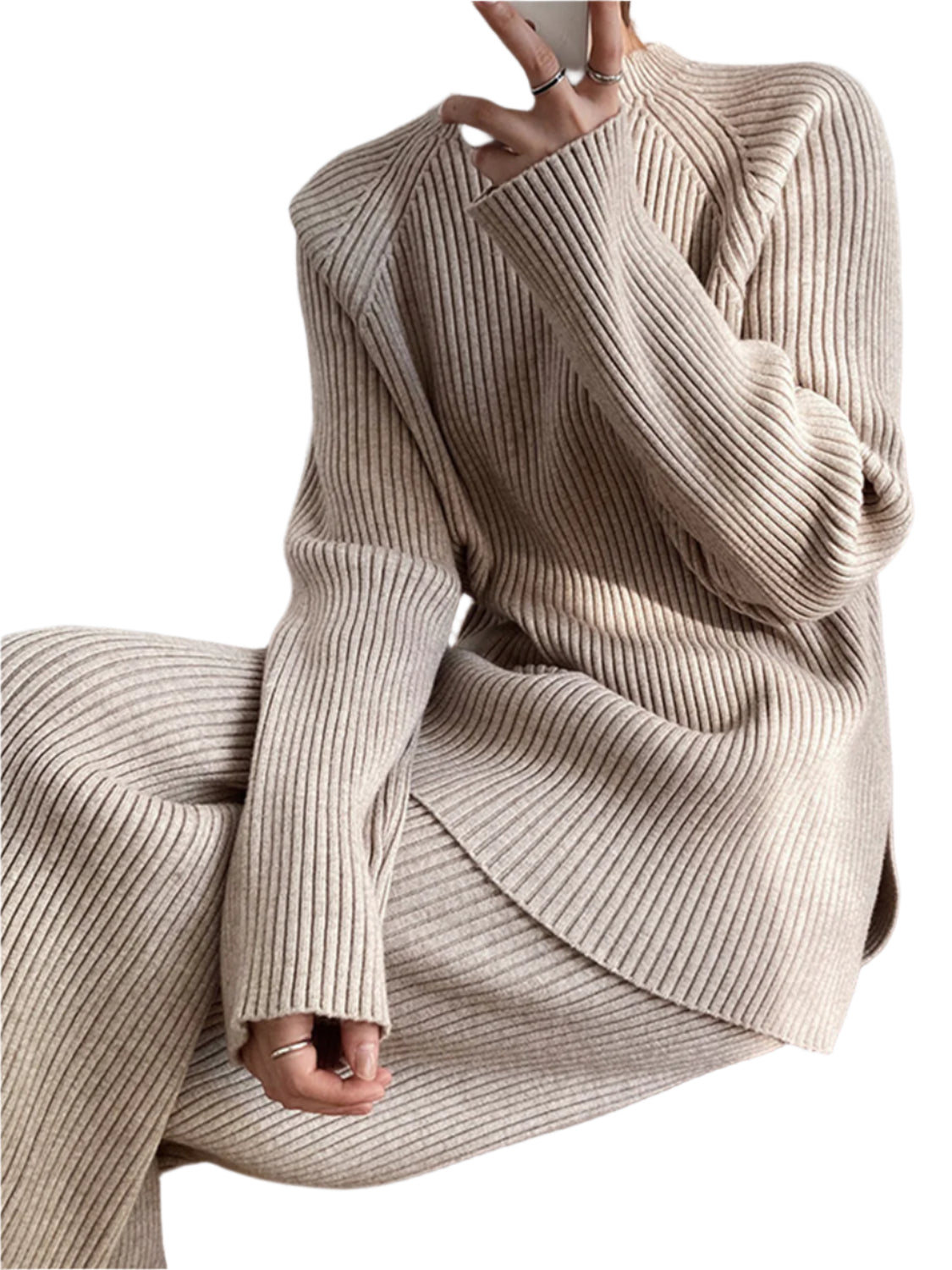 Mock Neck Raglan Sleeve Top and Pants Sweater Set