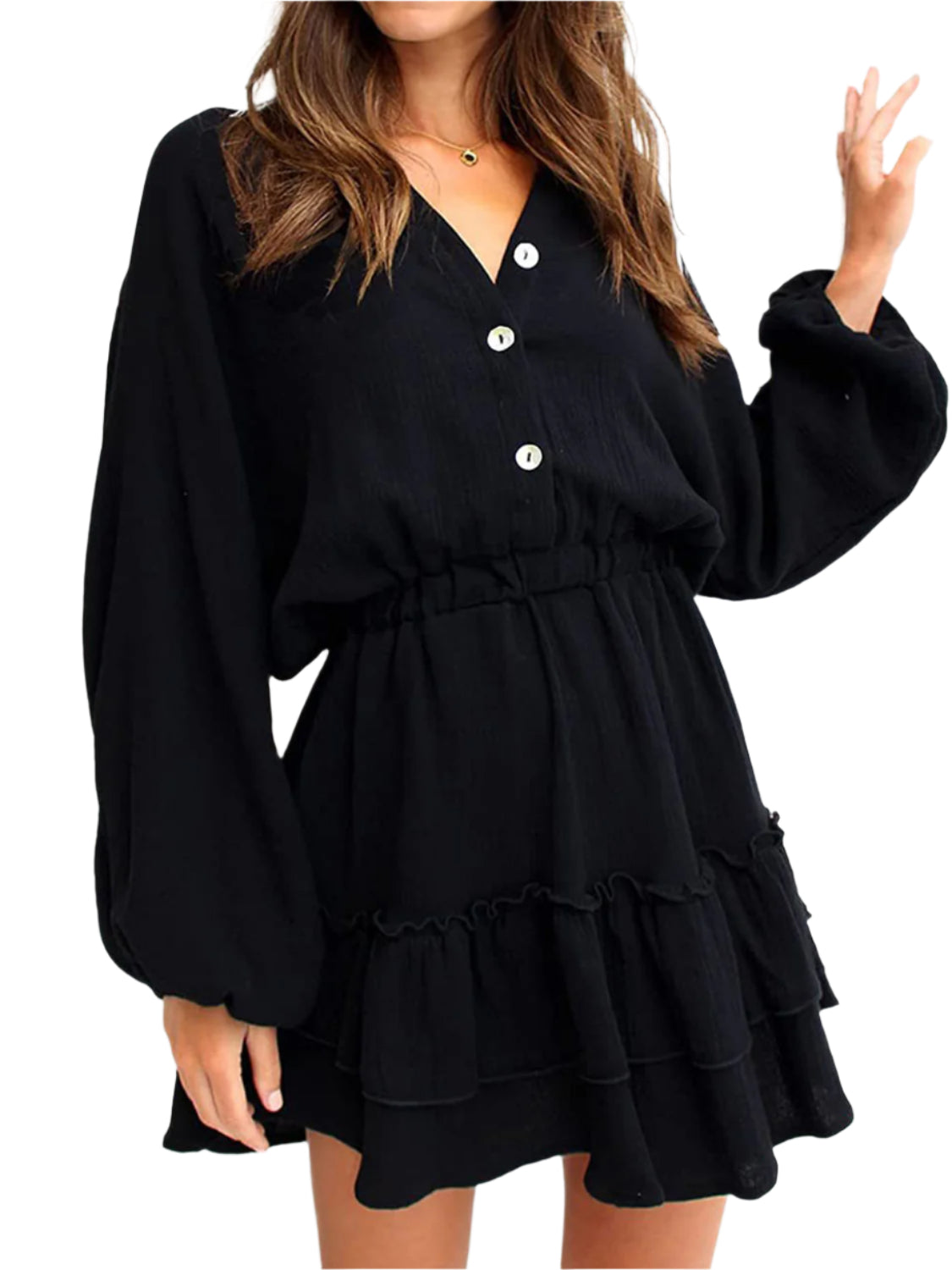 Ruffled Notched Balloon Sleeve Mini Dress
