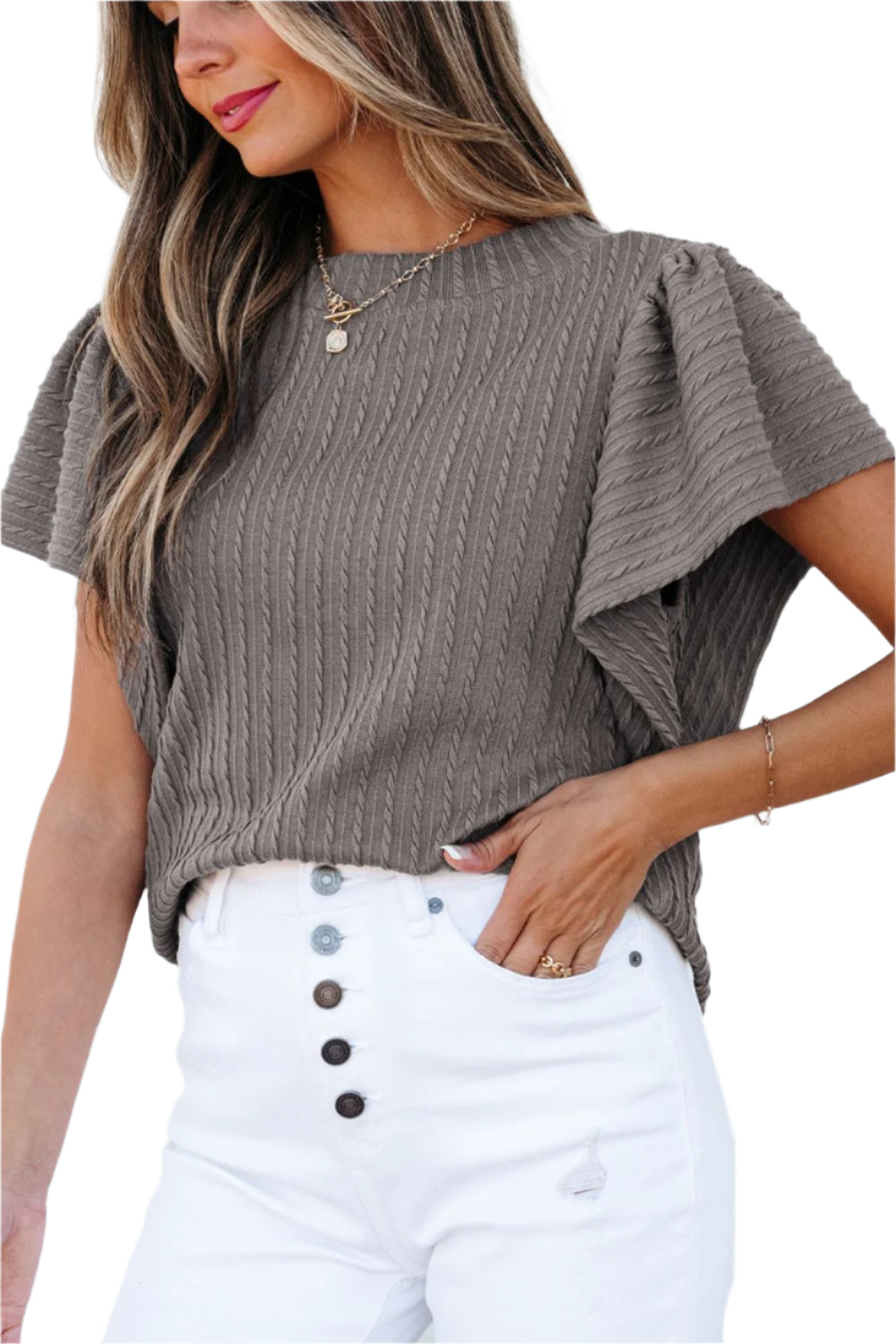 Textured Round Neck Flounce Sleeve Blouse