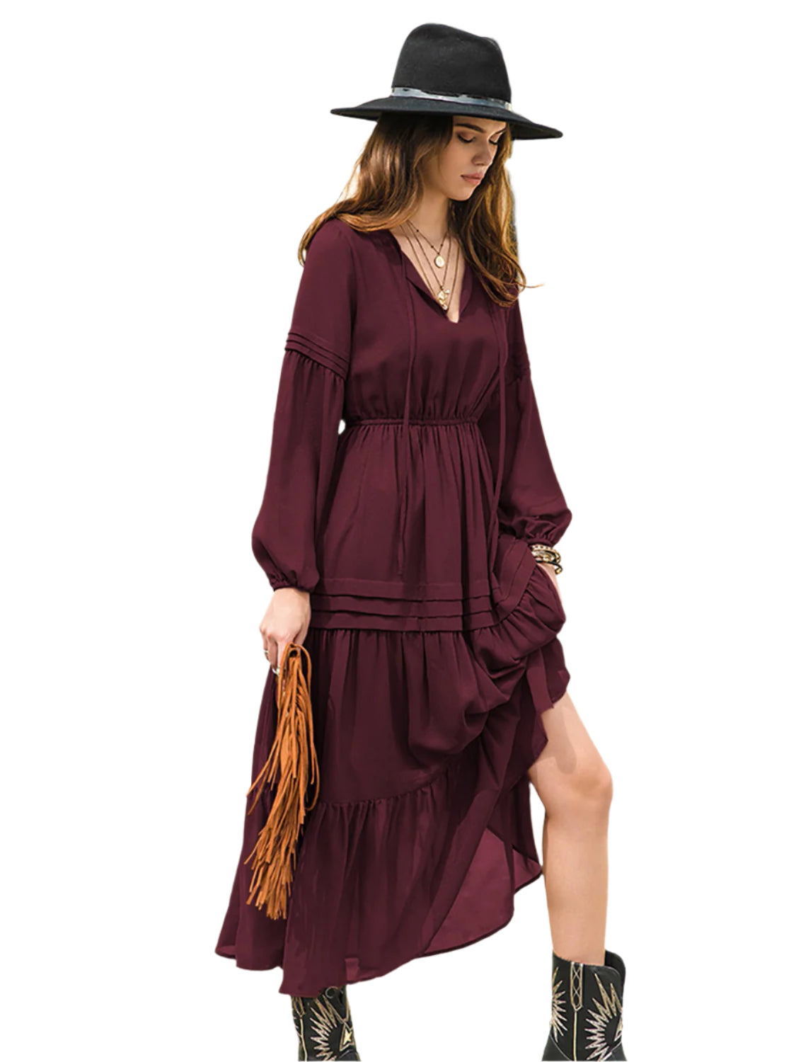 Tie Neck Long Sleeve Midi Tiered Dress
