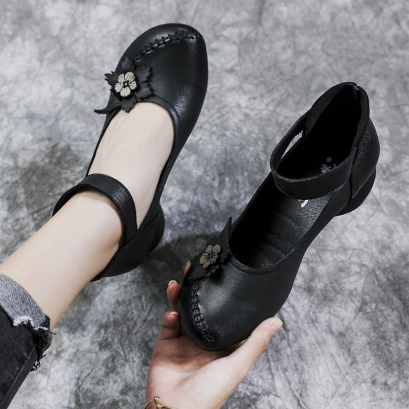Floral Motif Cowhide Leather Velcro Heel
