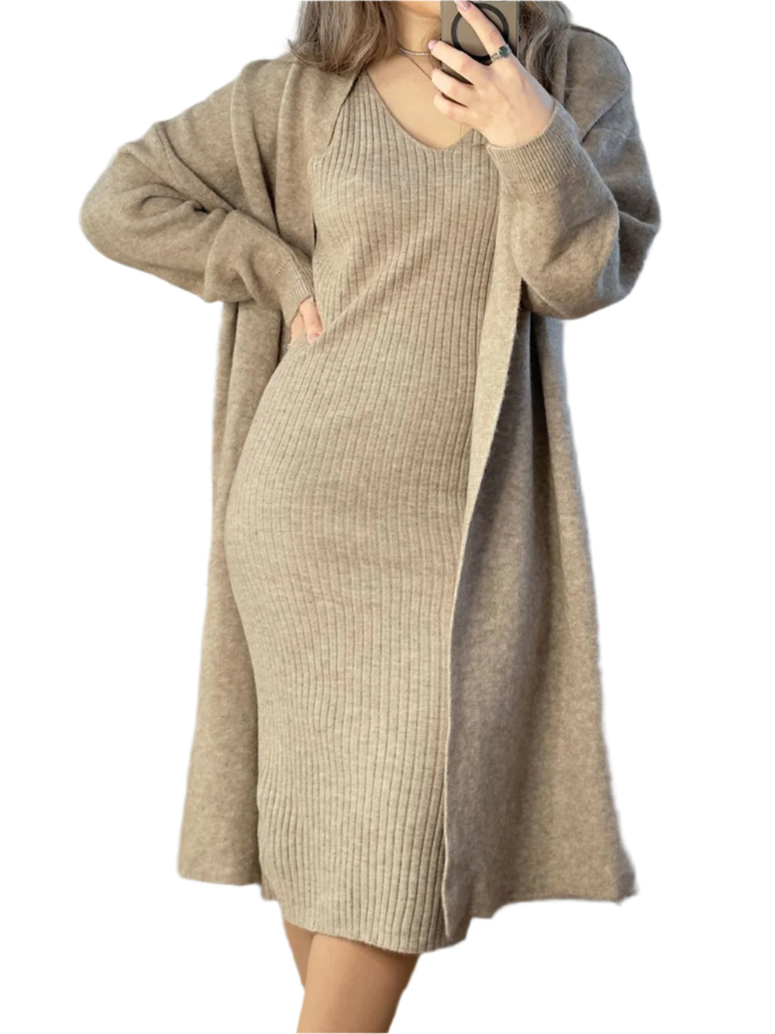 V-Neck Cami Dress and Open Front Cardigan Sweater Set