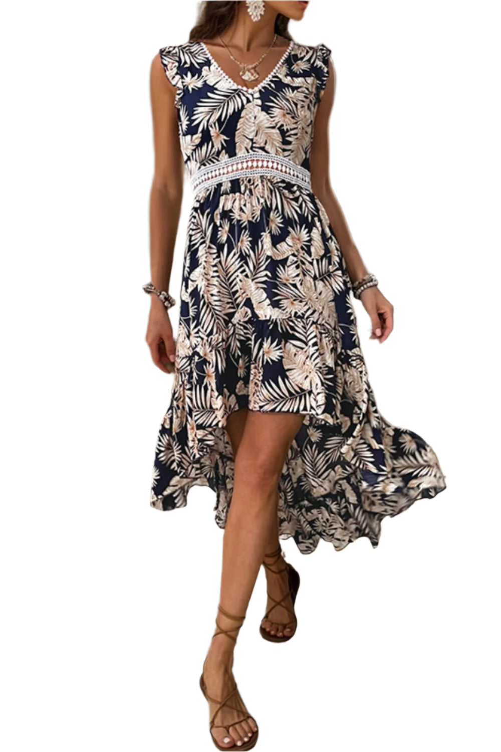 Perfee High-Low Printed V-Neck Cap Sleeve Midi Dress