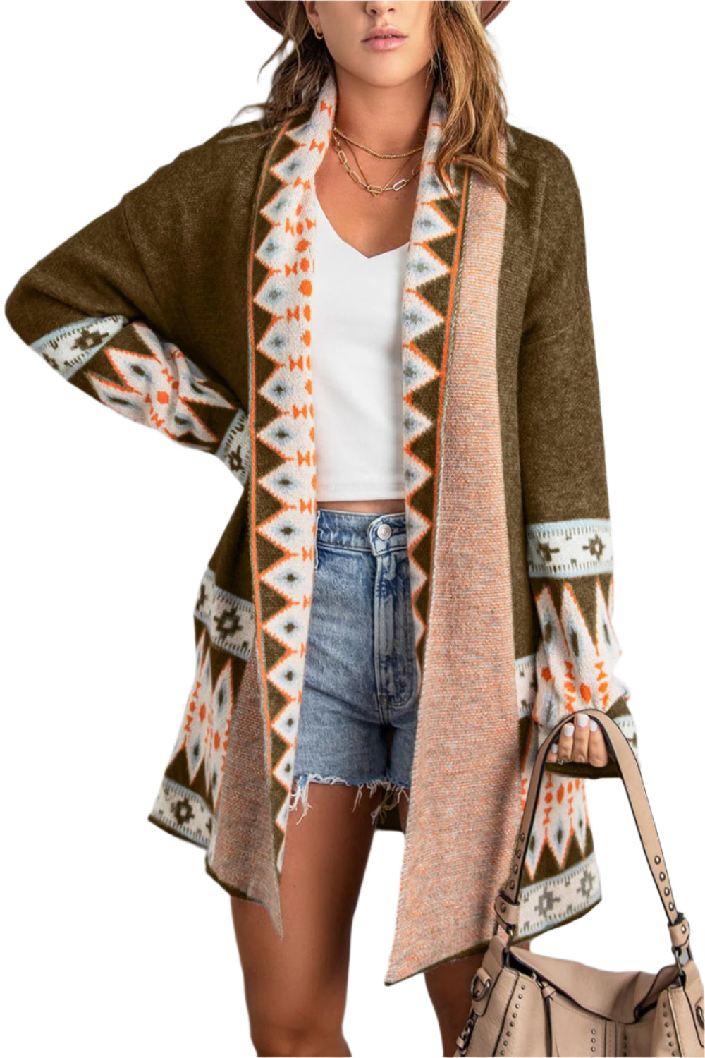 Geometric Open Front Long Sleeve Cardigan
