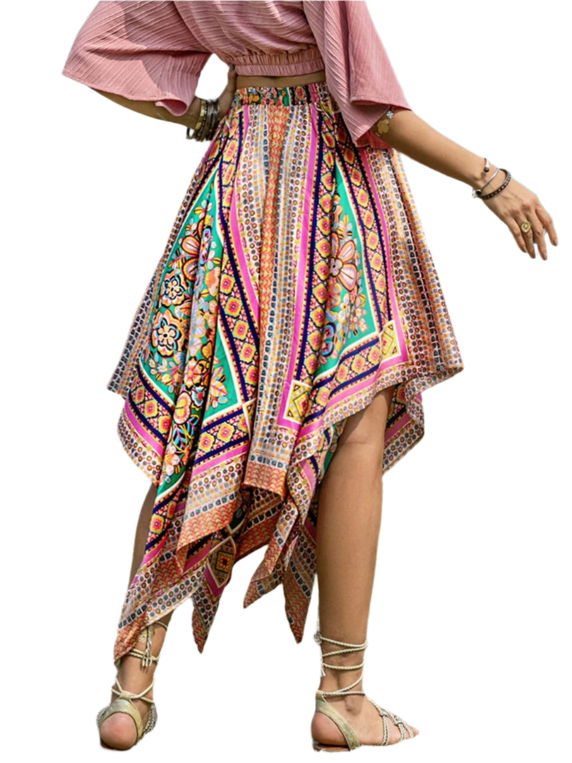 Printed High Waist Handkerchief Hem Skirt