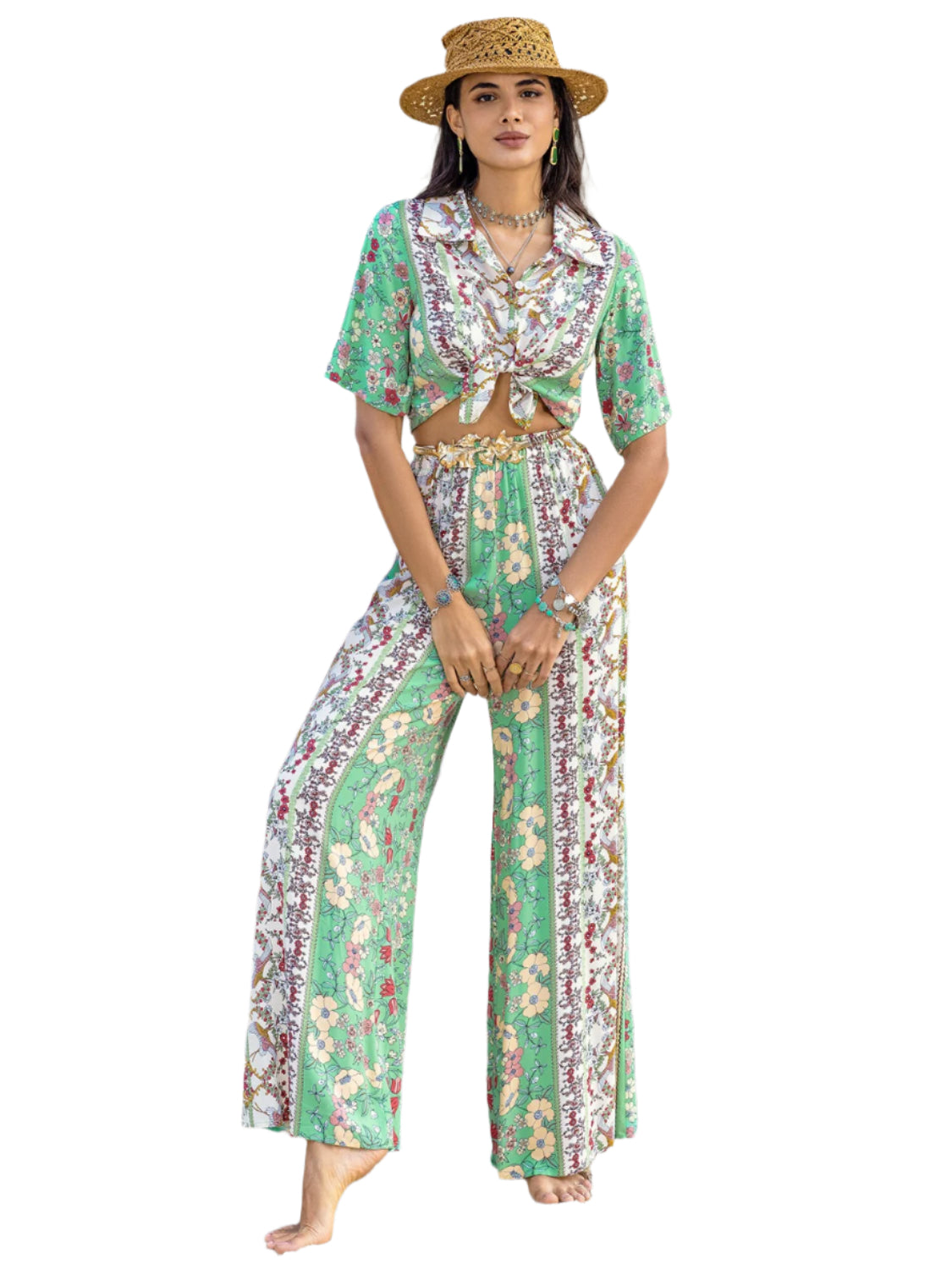 Printed Half Sleeve Top and Wide Leg Pants Set