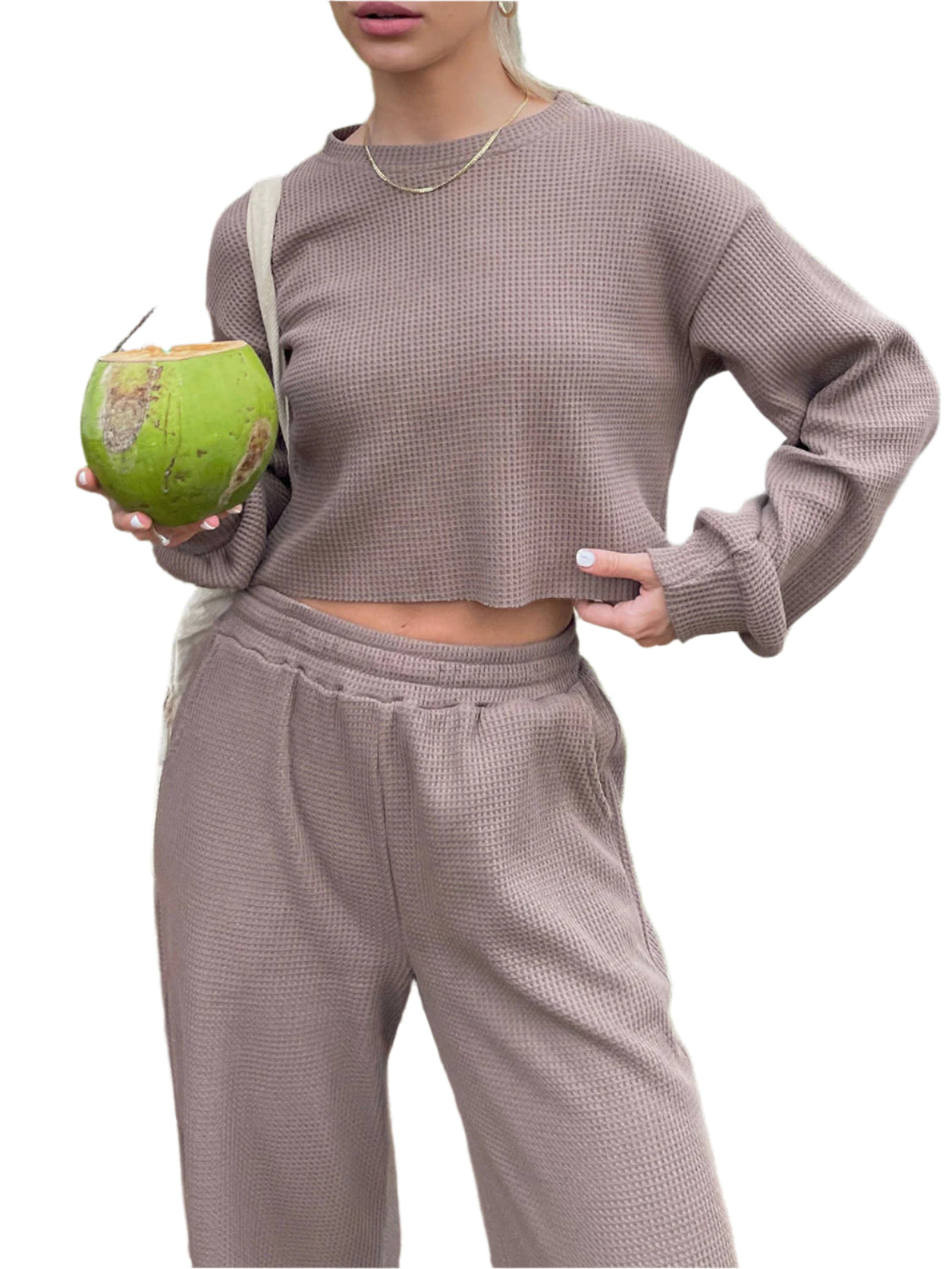 Waffle-Knit Round Neck Top and Pants Set