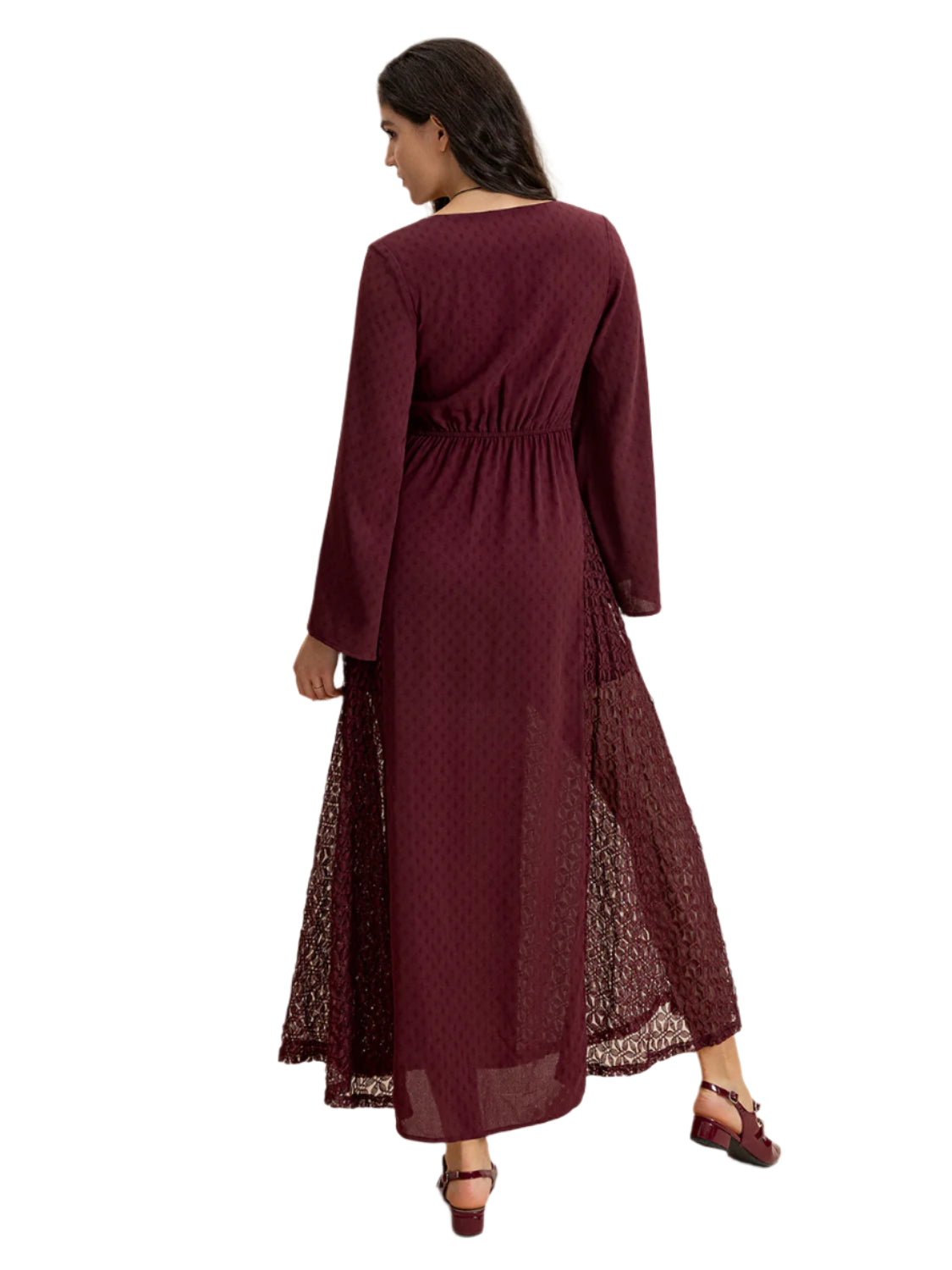 Lace Patchwork V-Neck Long Sleeve Midi Dress