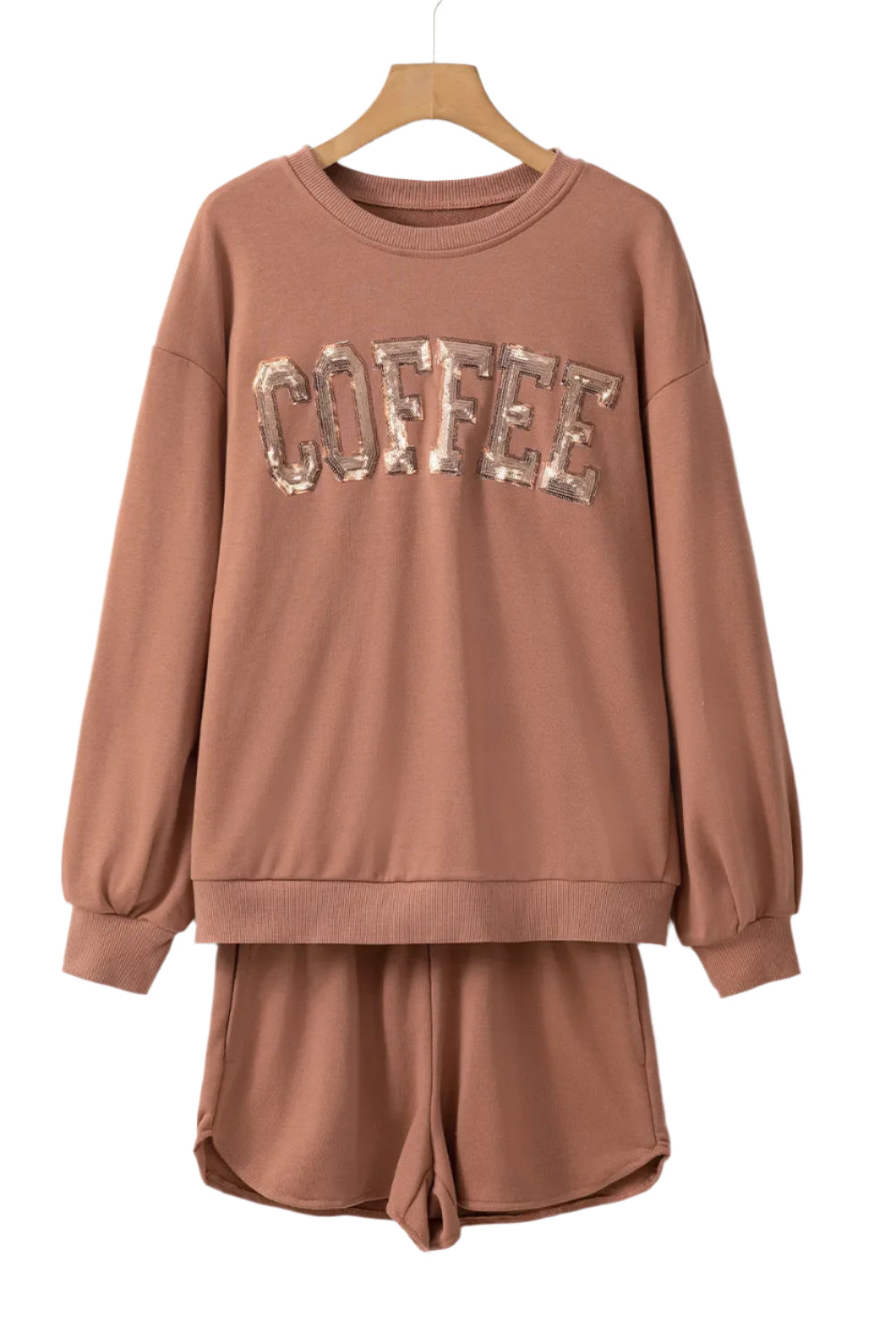 COFFEE Sequin Round Neck Long Sleeve Top and Shorts Set