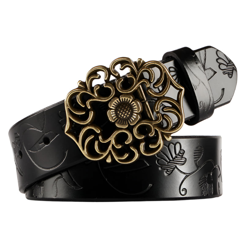 Embossed Floral Flower Buckle Cowhide Leather Belt