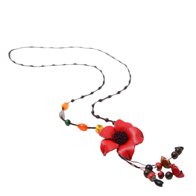 Sweater Beaded Chain Cowhide Leather Flower Pendant Necklace