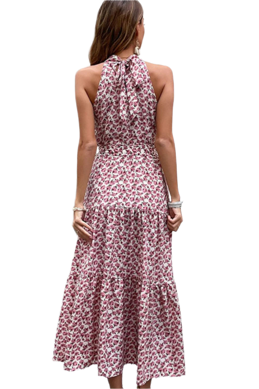 Perfee Floral Tie-Waist Tiered Dress