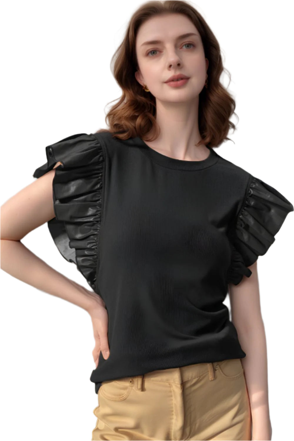 Ruffled Round Neck Cap Sleeve Blouse