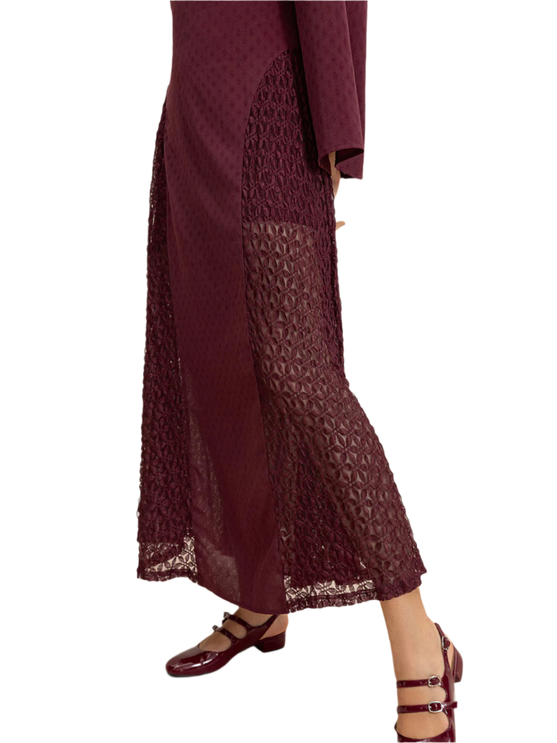 Lace Patchwork V-Neck Long Sleeve Midi Dress