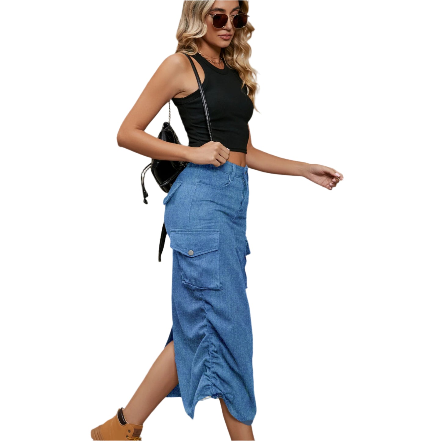 Drawstring Ruched Slit Denim Midi Skirt