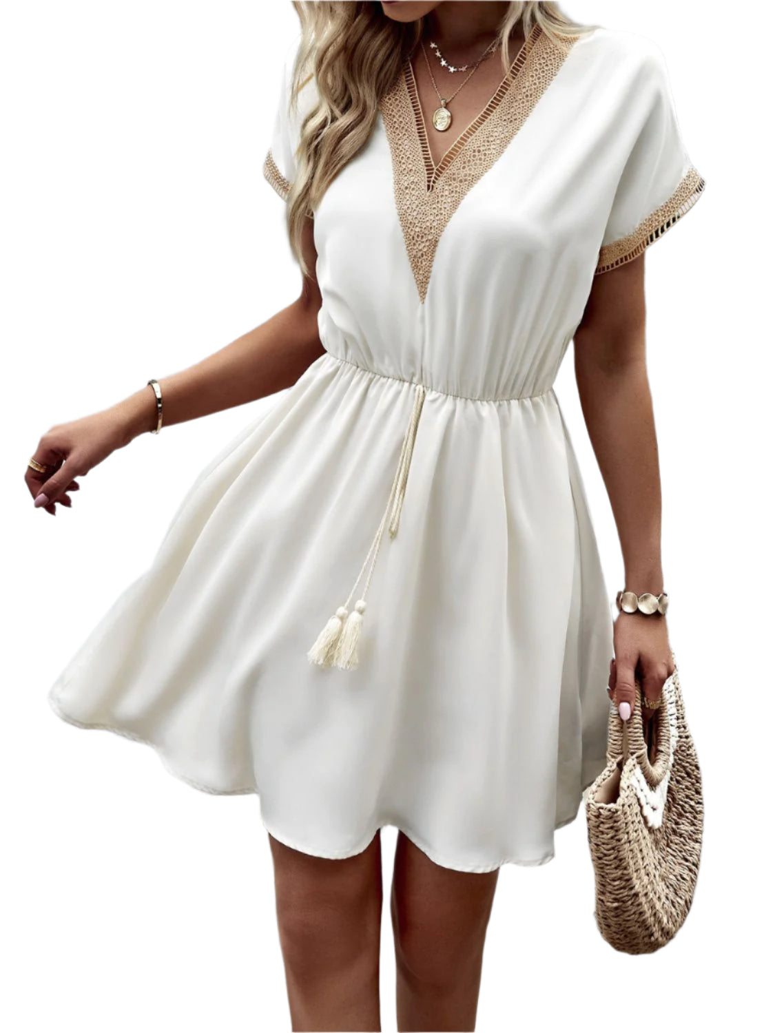Devine Contrast Trim V-Neck Short Sleeve Mini Dress
