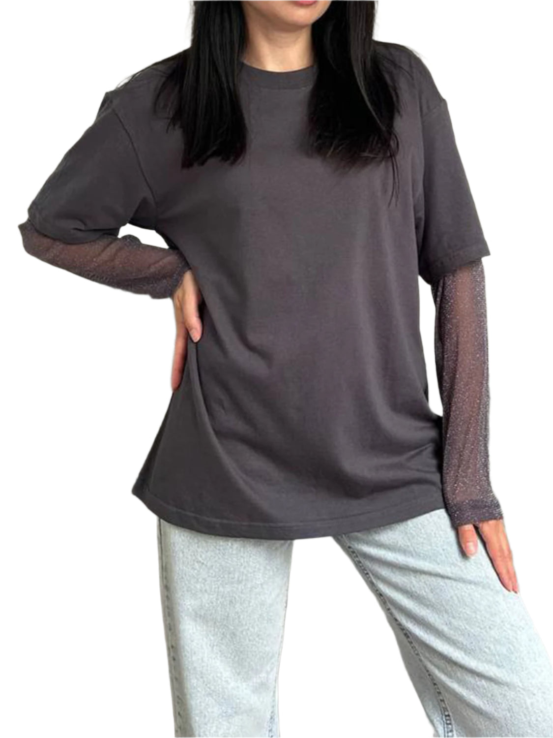 Faux Layered Round Neck Mesh Sleeve Top