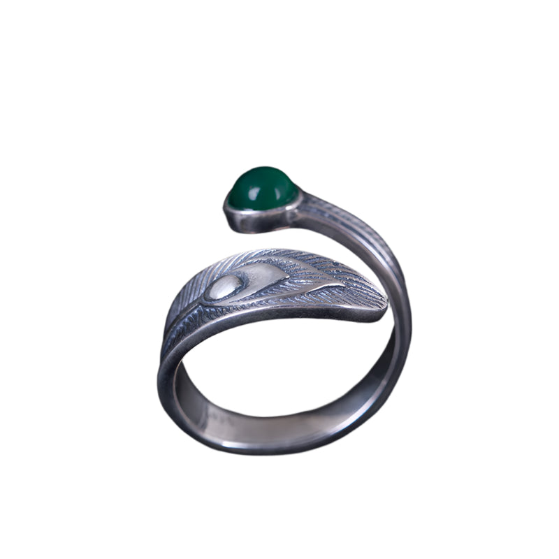 925 Sterling Silver Peacock Feather Rings Featuring Jade or Malachite Crystal