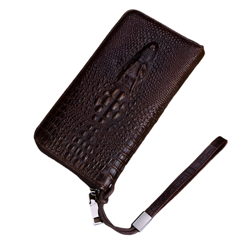 Crocodile Embossed Cowhide Leather Wallet with Strap