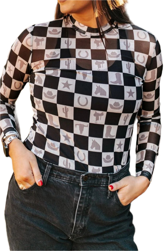 Checkered Mock Neck Long Sleeve Top