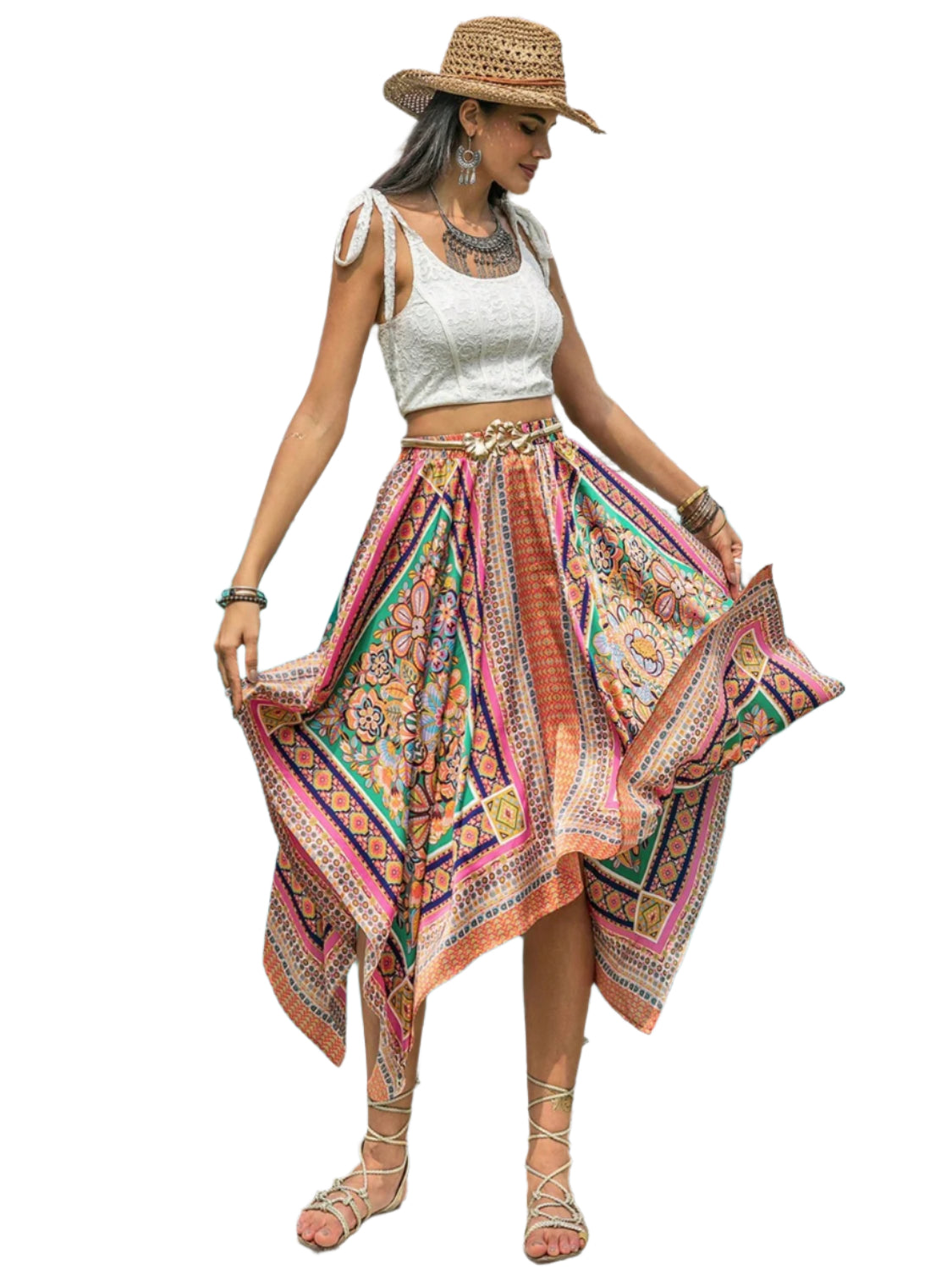 Printed High Waist Handkerchief Hem Skirt