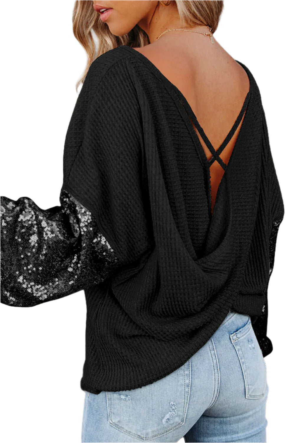 Sequin Waffle-Knit Blouse