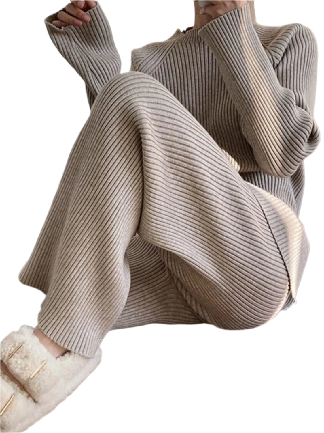 Mock Neck Raglan Sleeve Top and Pants Sweater Set