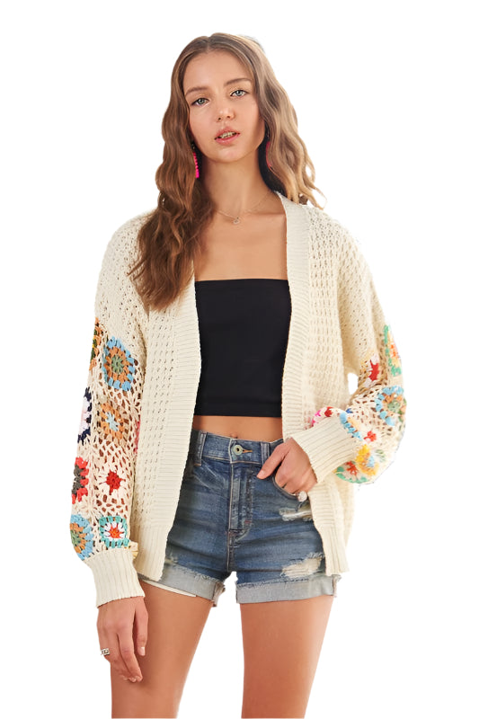 ADORA Plus Size Contrast Crochet Open Front Long Sleeve Cardigan