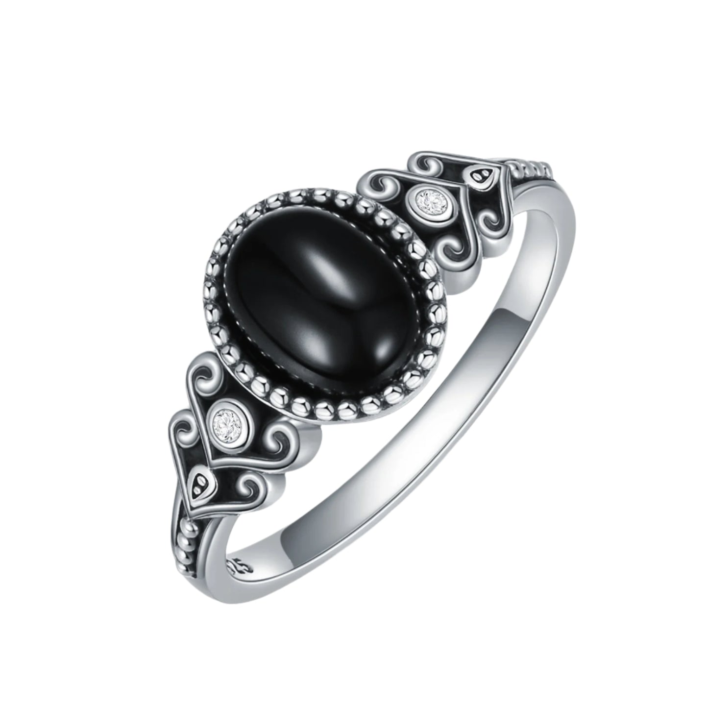 925 Sterling Silver Oxidized Black Onyx Crystal Ring