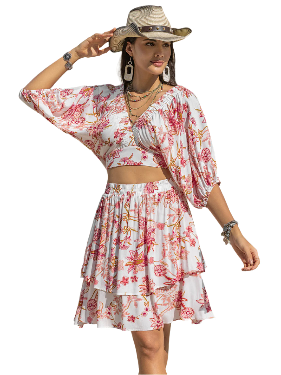Printed Half Sleeve Top and Layered Skirt Set
