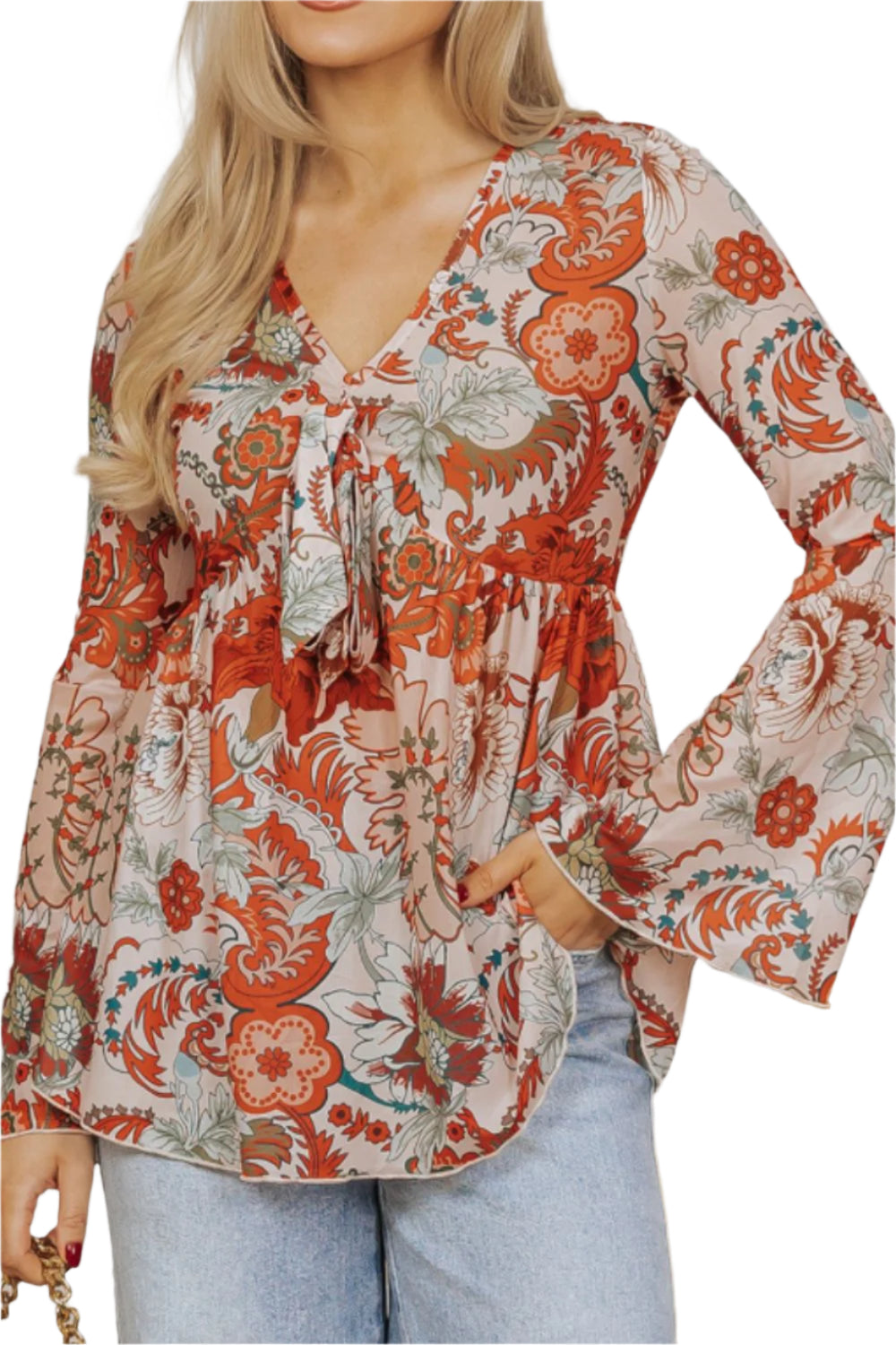 Floral V-Neck Flare Sleeve Blouse