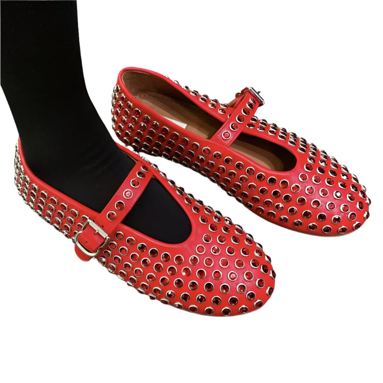 Sheepskin Round Toe Rhinestone Mary Jane Flats