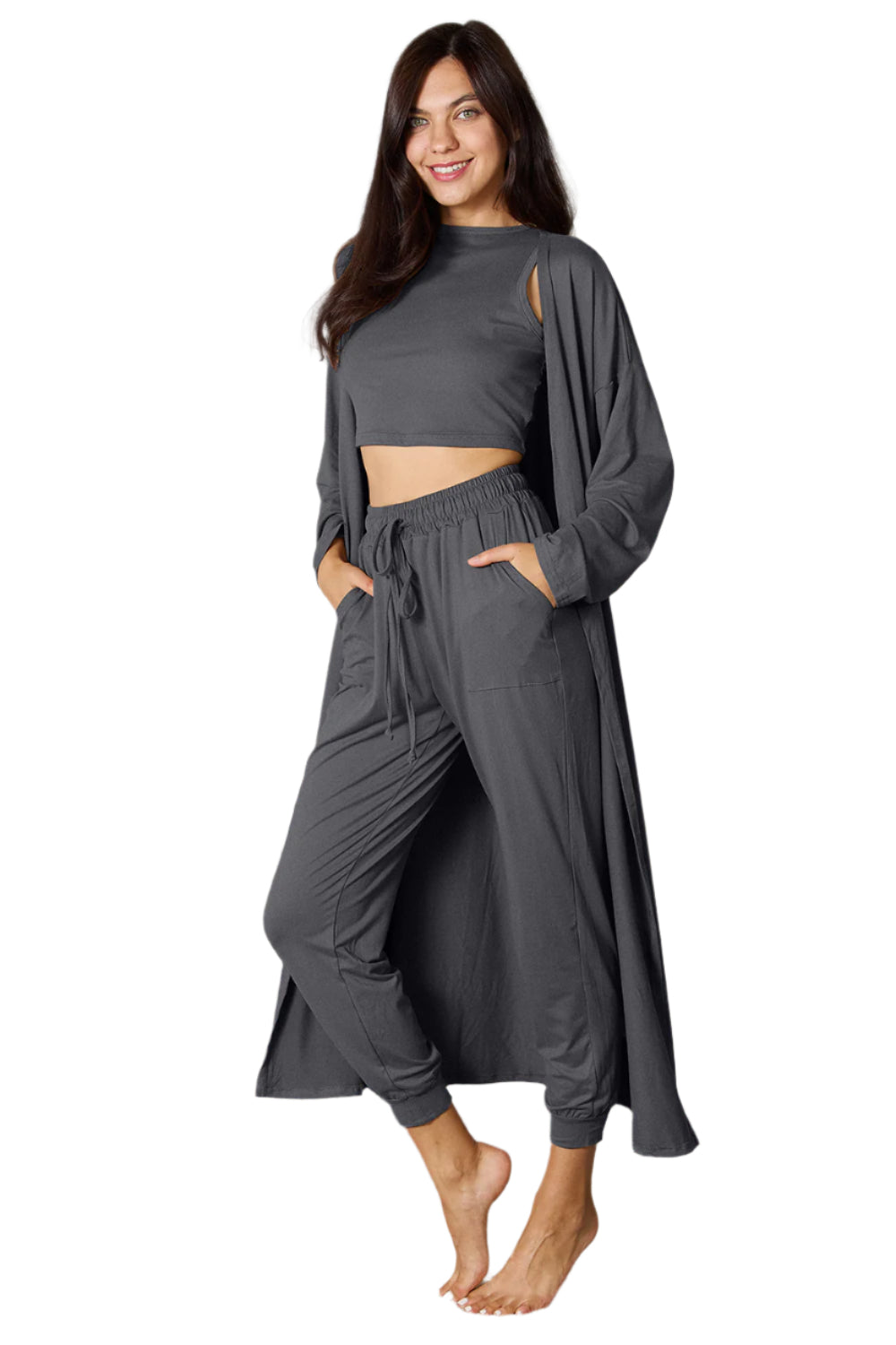 Tank, Pants, and Cardigan Set with Pockets