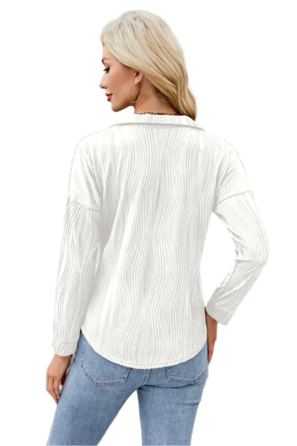 Texture Collared Neck Long Sleeve Blouse