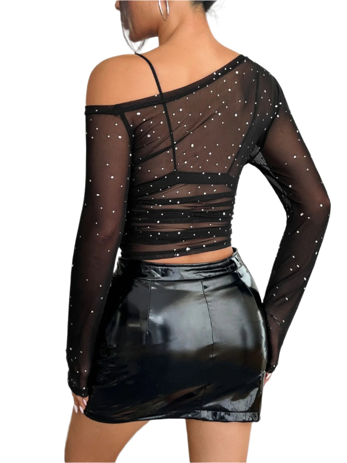 Mesh One Shoulder Long Sleeve Top