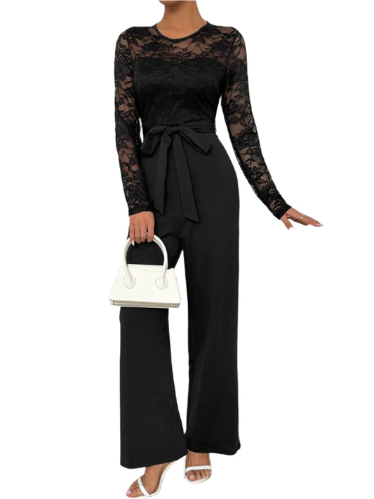 Perfee Lace Round Neck Long Sleeve Jumpsuit