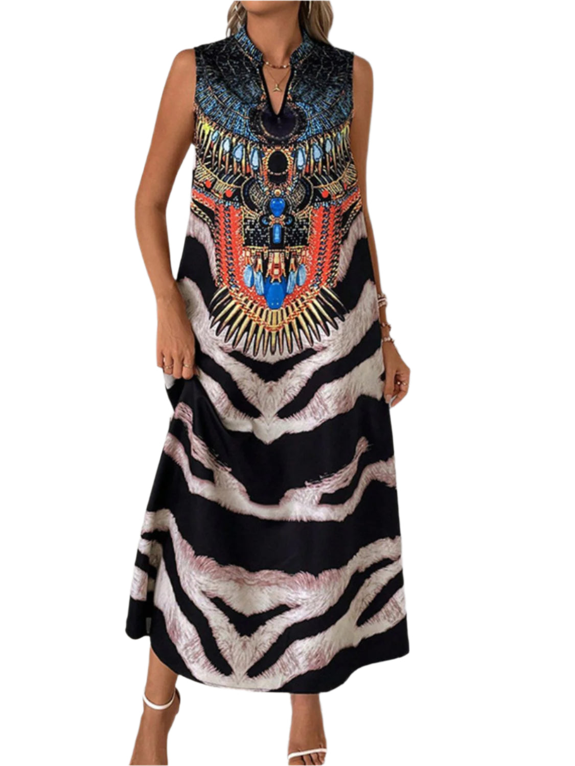 Perfee Printed Notched Sleeveless Dress