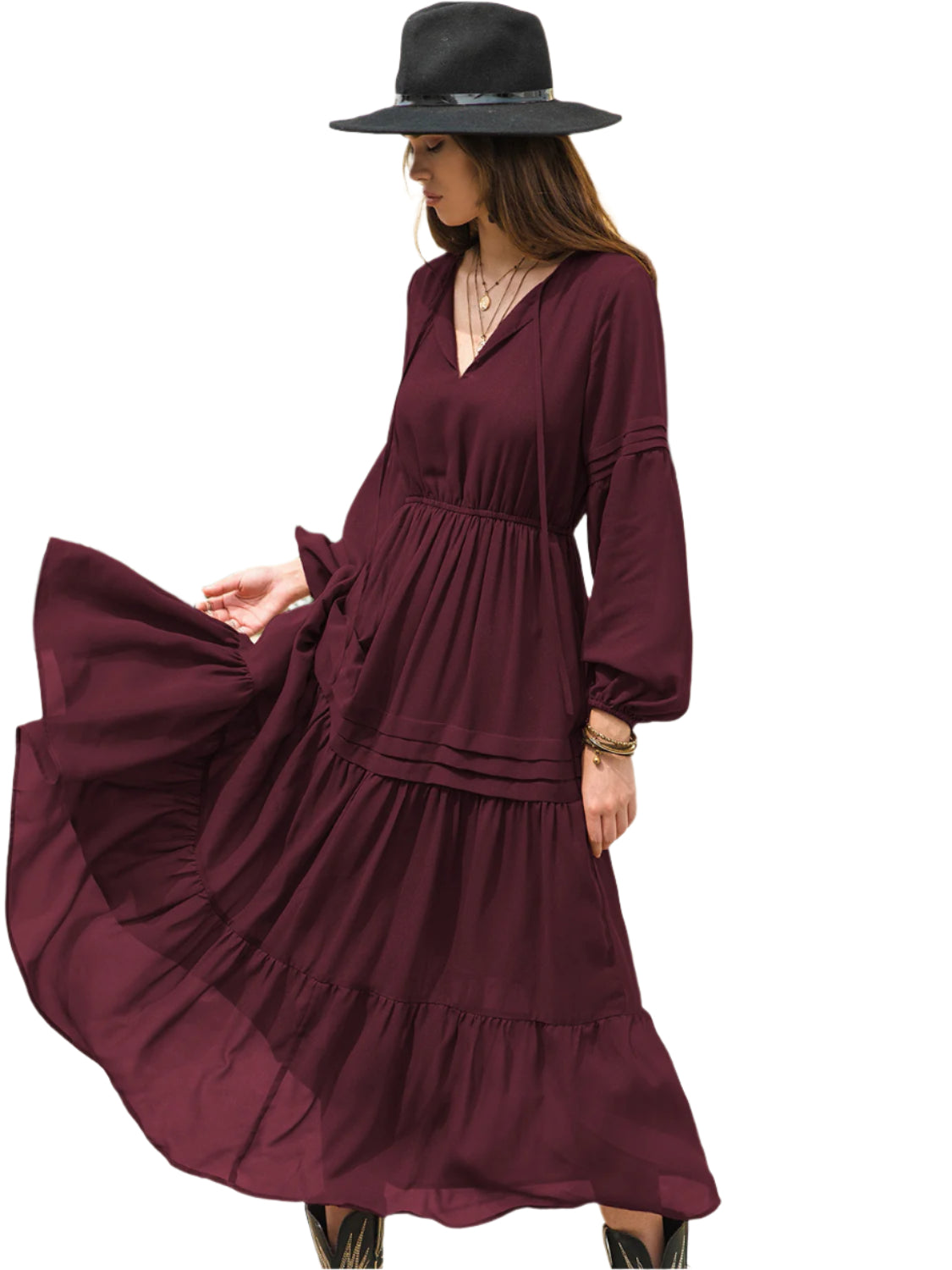 Tie Neck Long Sleeve Midi Tiered Dress