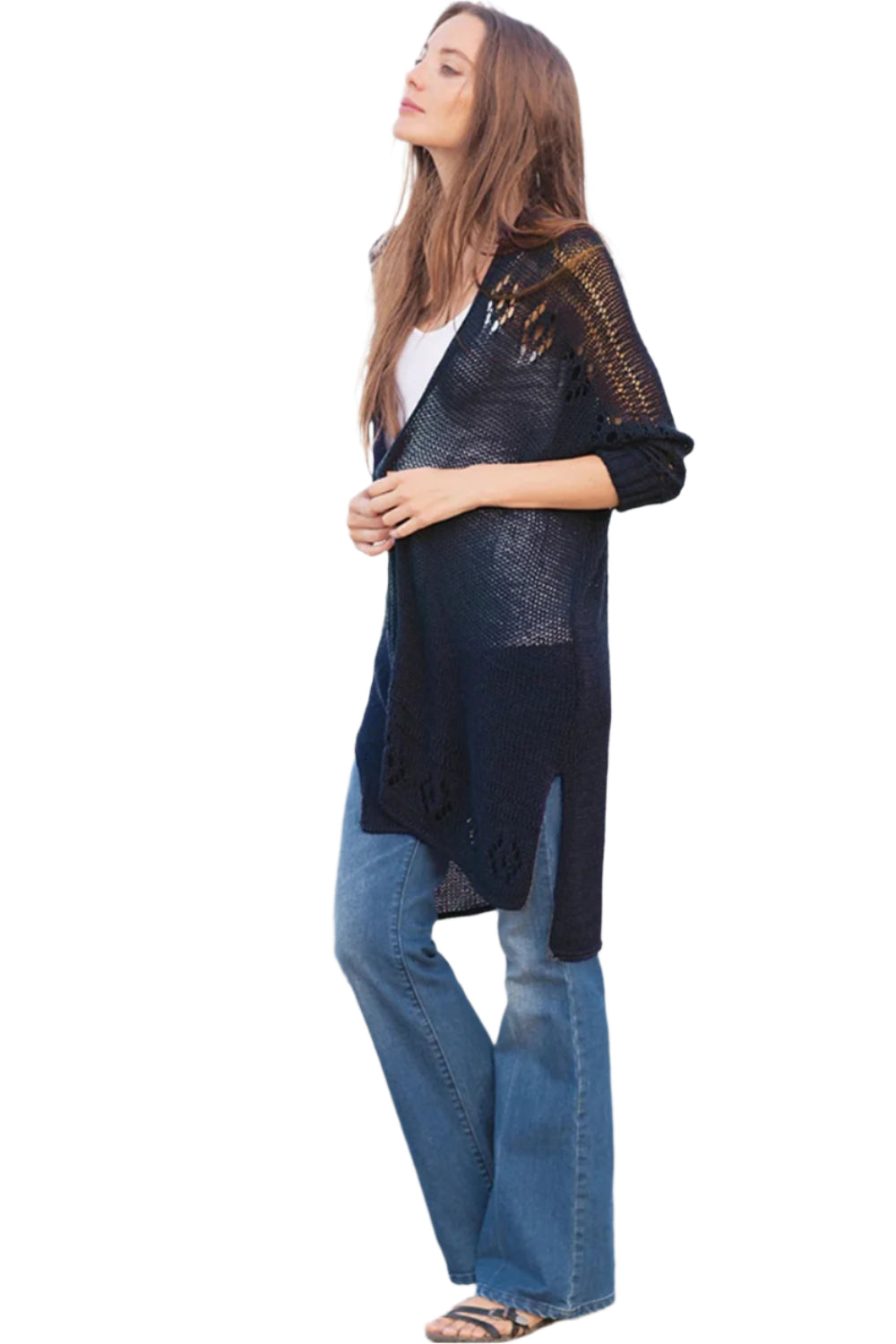 Openwork Side Slit Open Front Long Sleeve Cardigan