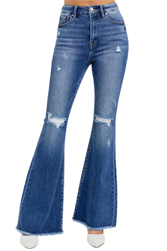 RISEN Full Size High Rise Distressed Raw Hem Flare Jeans