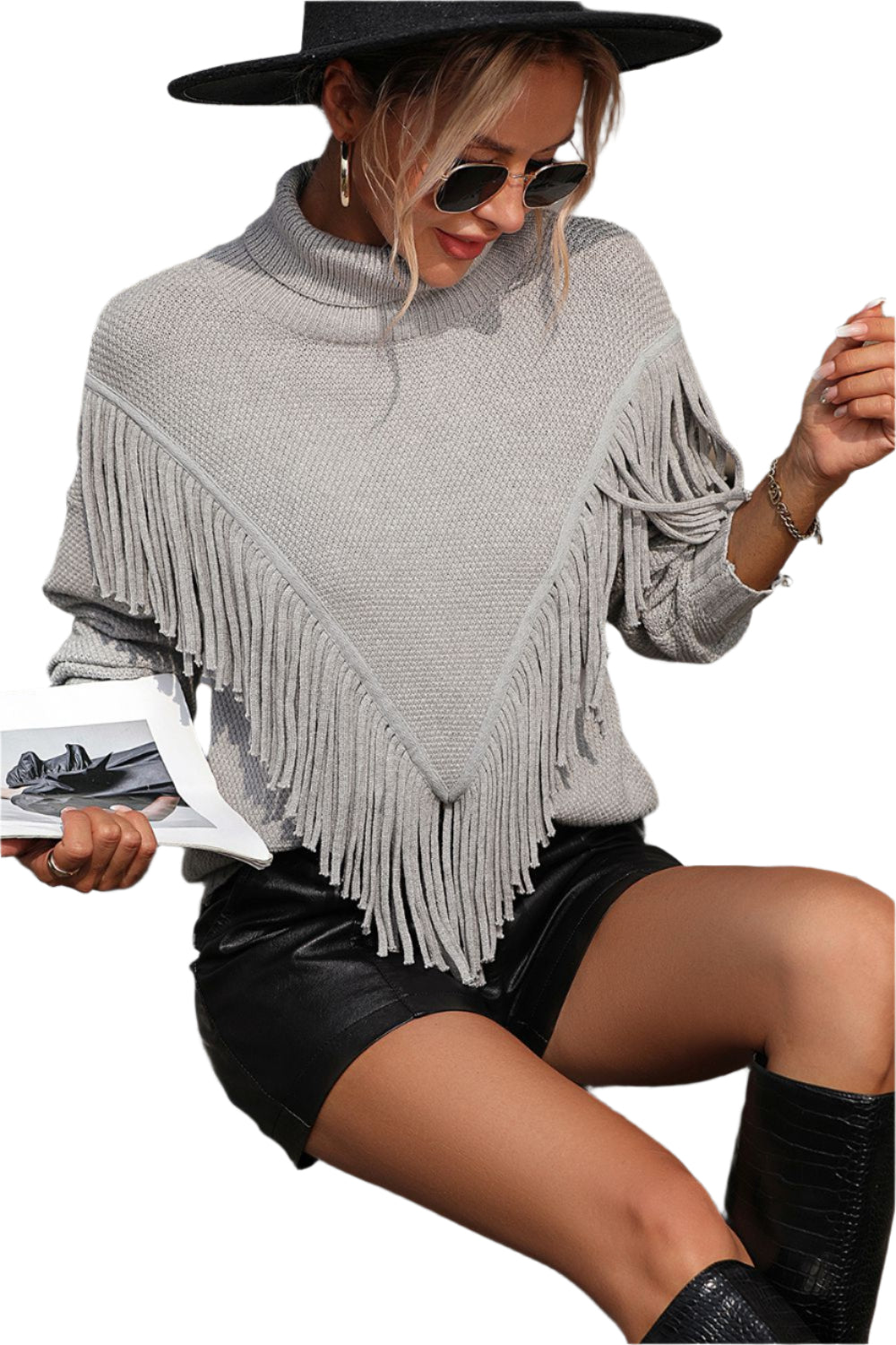 Turtle Neck Tassel Front Long Sleeve Pullover Sweater