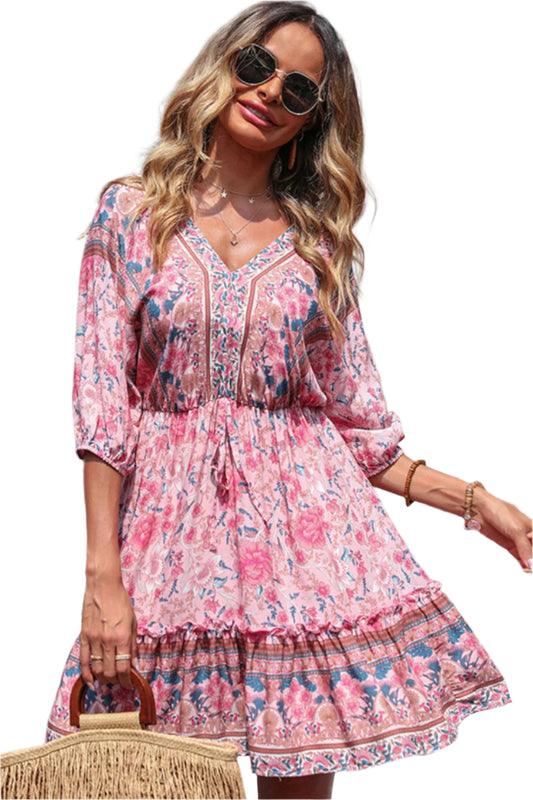 Perfee Bohemian Frill Trim V-Neck Dress