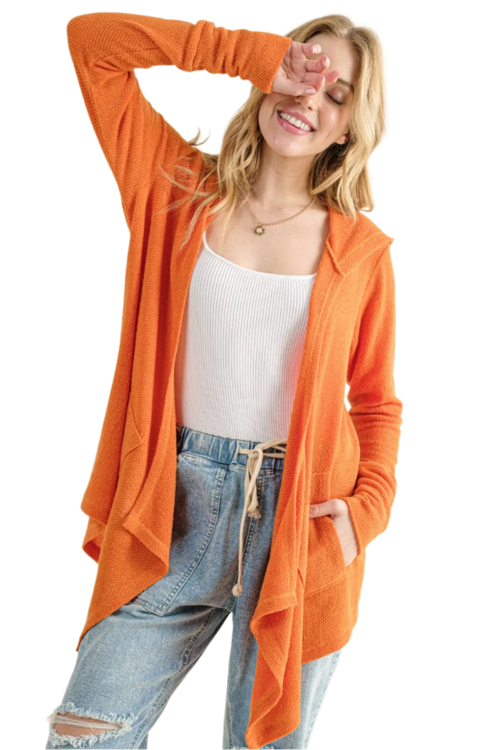 And The Why Full Size Thermal Hooded Open Front Cardigan with Pockets