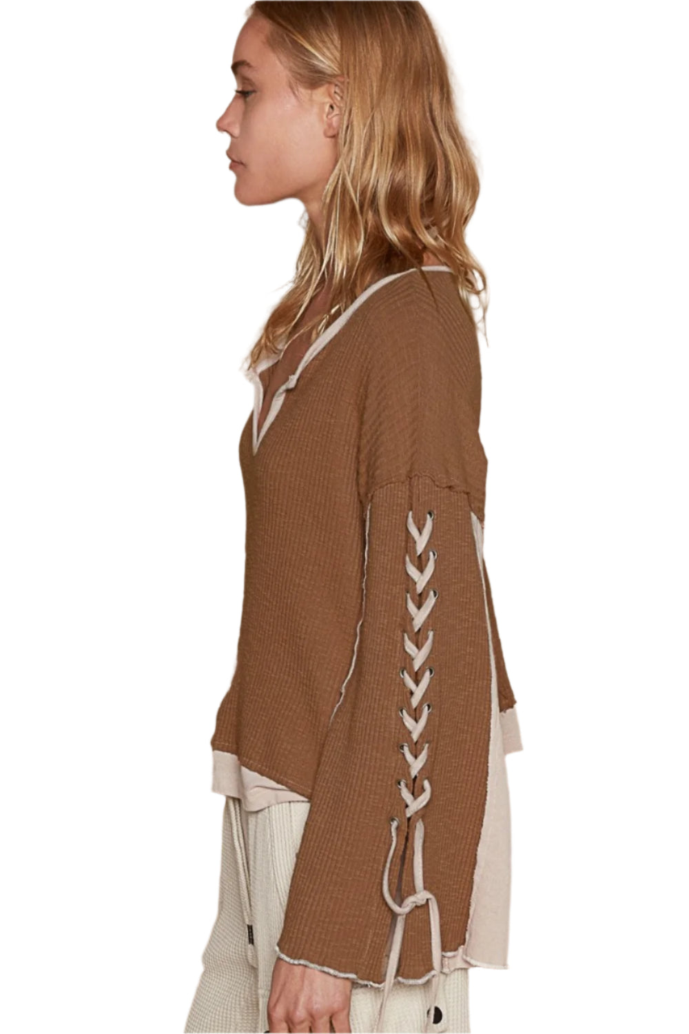 POL Lace-Up Sleeve Color Block Ribbed Knit Top