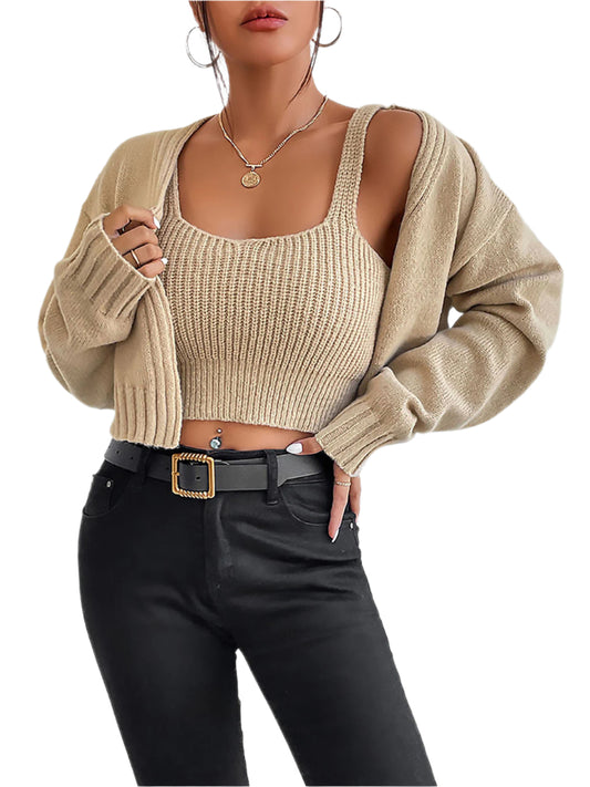 Plain Sweater Cami and Cardigan Set