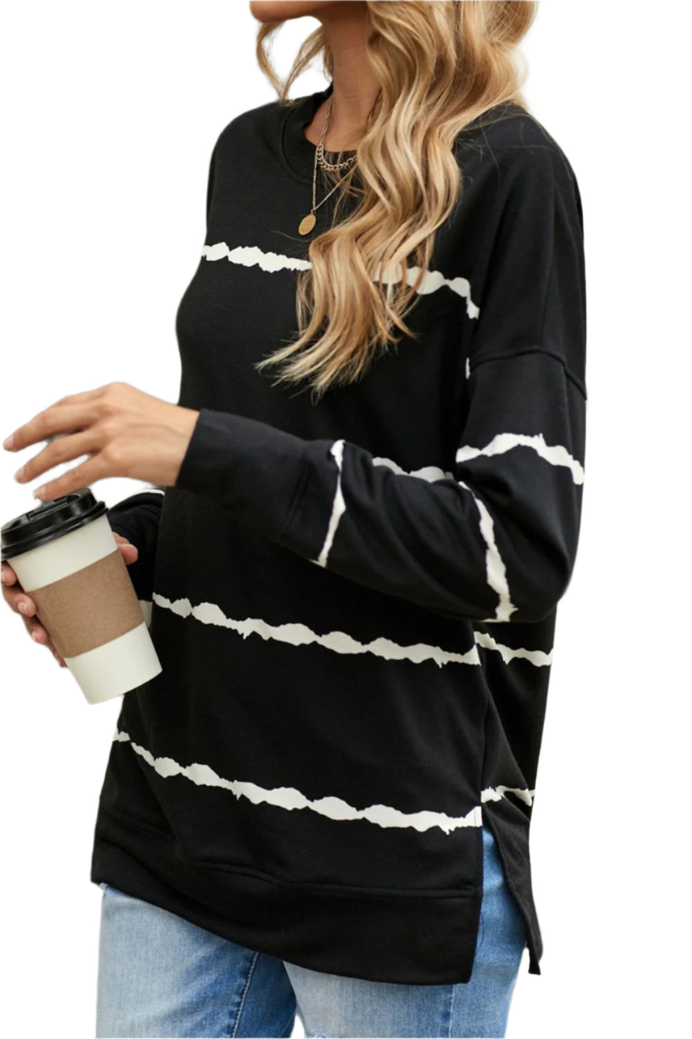 Slit Contrast Striped Round Neck Long Sleeve T-Shirt