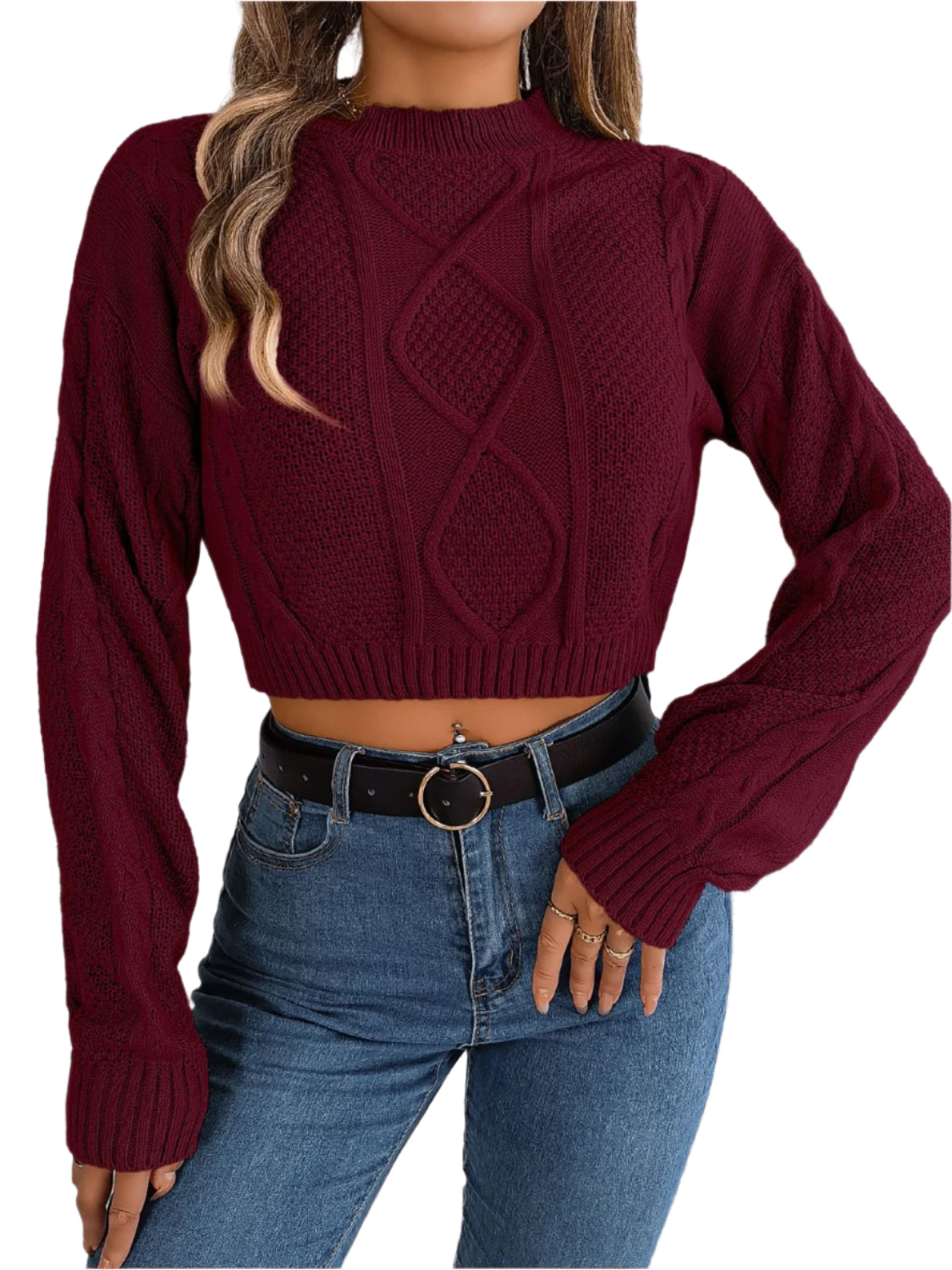 Cable-Knit Round Neck Cropped Sweater