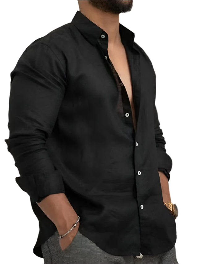 Solid Color Linen Men's Button Down Collard Shirt